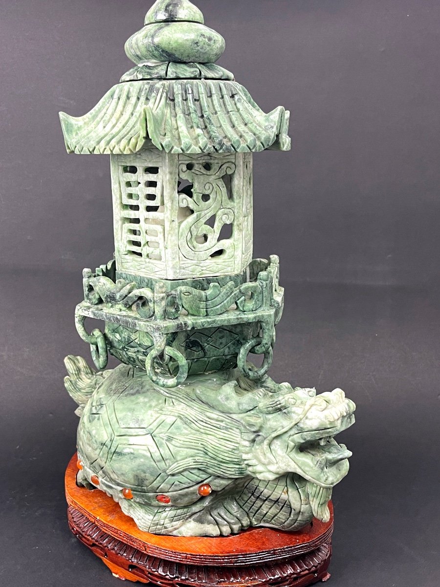 China 20th Century, Chimera Carrying A Prayer Altar In Hard Stone And Cabochons-photo-2