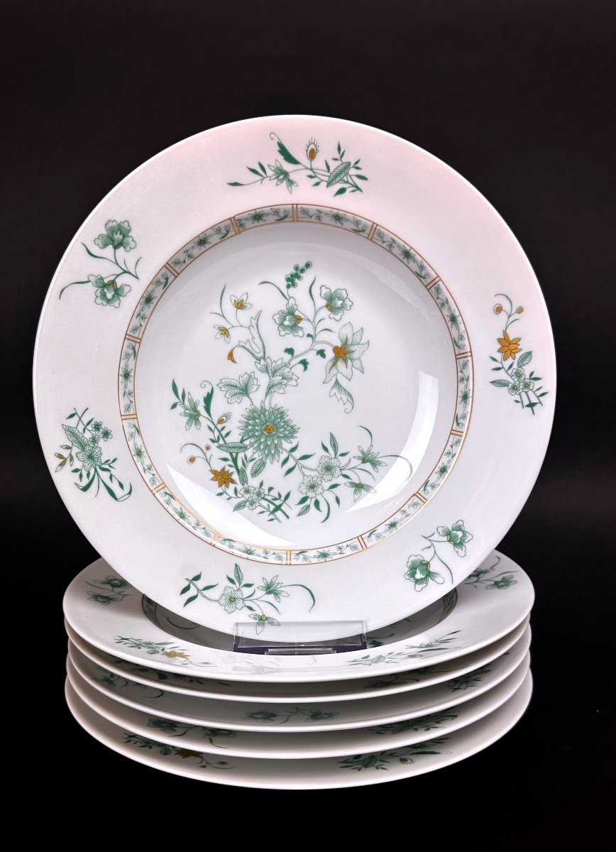 Set Of 6 Limoges Porcelain Soup Plates, Bernardaud Pekin Model-photo-2