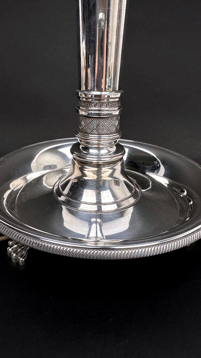 Important Silver Plated Bronze Tripod Candle Holder Mounted As A Lamp-photo-3