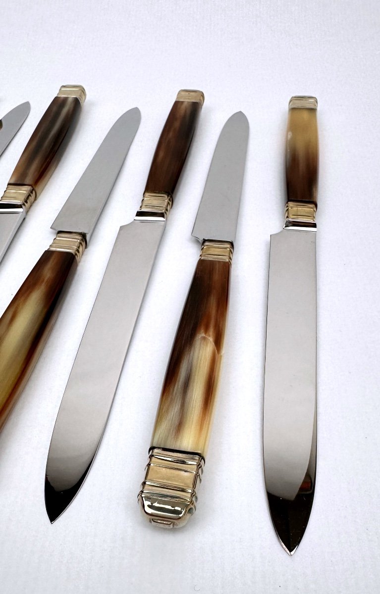 Set Of 12 Cheese Knives, Fontenille-pataud, Imitation Horn Resin Handle -photo-2