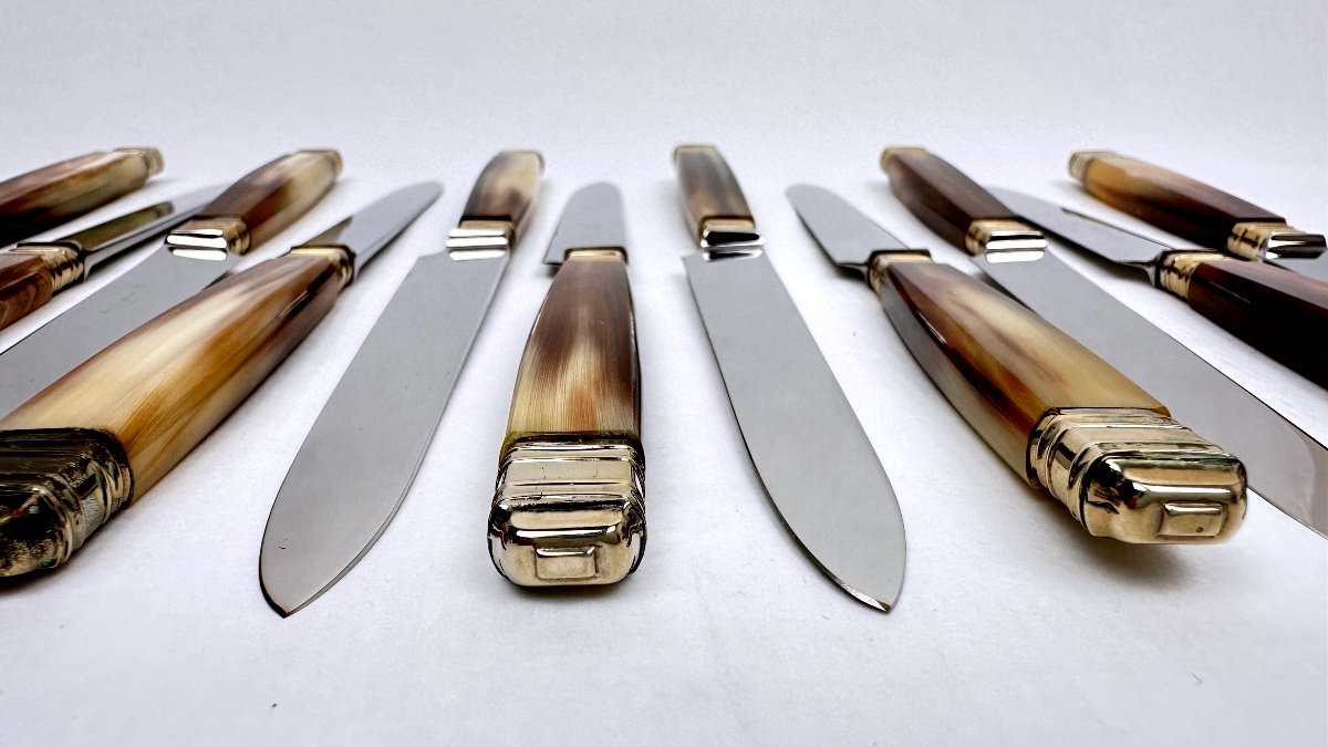 Set Of 12 Cheese Knives, Fontenille-pataud, Imitation Horn Resin Handle -photo-3