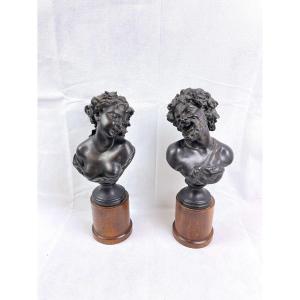 Pair Of Bronze Busts After Clodion, Bacchus And Ariadne