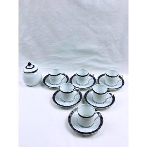 Set Of Six Cups And A Sugar Bowl In Christofle Porcelain Talisman Model