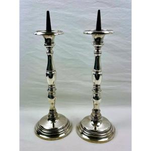 Pair Of Large Candlesticks In Silvered Bronze