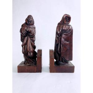 Pair Of Wooden Bookends, Monks