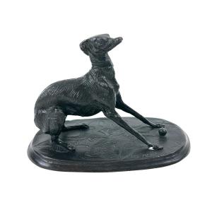 Greyhound Playing Ball - Pierre Jules Mene (1810-1879) (after) - Bronze With Black Patina