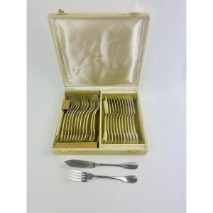 Box Of 12 Christofle Fish Cutlery Model Cluny