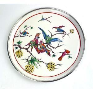 Old Porcelain Dish Circled With Silver, Decor Of Parrots