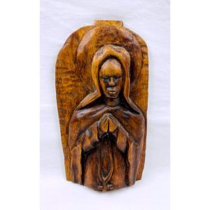 Icone En Bois Sculpté, Vierge En Prière