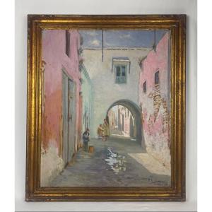 Paolo Antoine Simoni, Ruelle Animée à Tunis, Huile Sur Panneau 1935