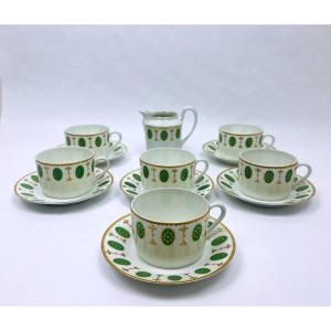 Set Of Six Teacups And A Milk Jug, Paris Porcelain, Louis XVI Medallion Decor