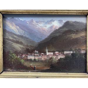 Huile Sur Panneau, Paysage Montagneux, école Suisse XIXème