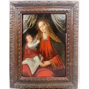 Virgin And Child Jesus, Oil On Wood Panel 17th Century