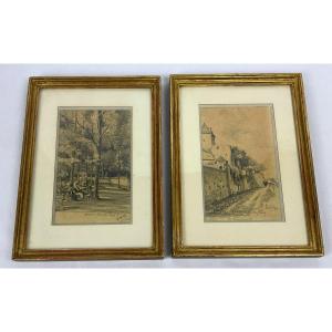 Pair Of Charcoal Drawings, Views Of Bourbon-lancy