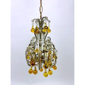 Small Chandelier In Crystal Beads, Amber Drops And Brass, 1920s/30s