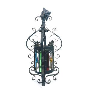 Beautiful Wrought Iron And Stained Glass Hall Lantern