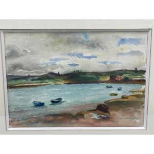 Marine Watercolor, Boats In A Bay