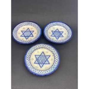 Morocco, Set Of 3 Bowls Or Plates On Heel In Fez Earthenware, Early 20th Century 