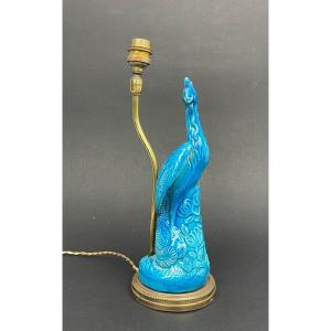 Pied De Lampe En Porcelaine Bleue De Chine, Phoenix