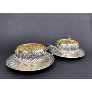 Paire De Tasses à Chocolat En Argent, Henri Soufflot, Tête-à-tête En Argent