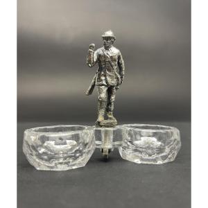 Saleron En Cristal Saint-louis, Figurine De Chasseur ou de soldat en bronze argenté