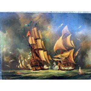 Oil On Canvas, Naval Battle By Georges Mallet