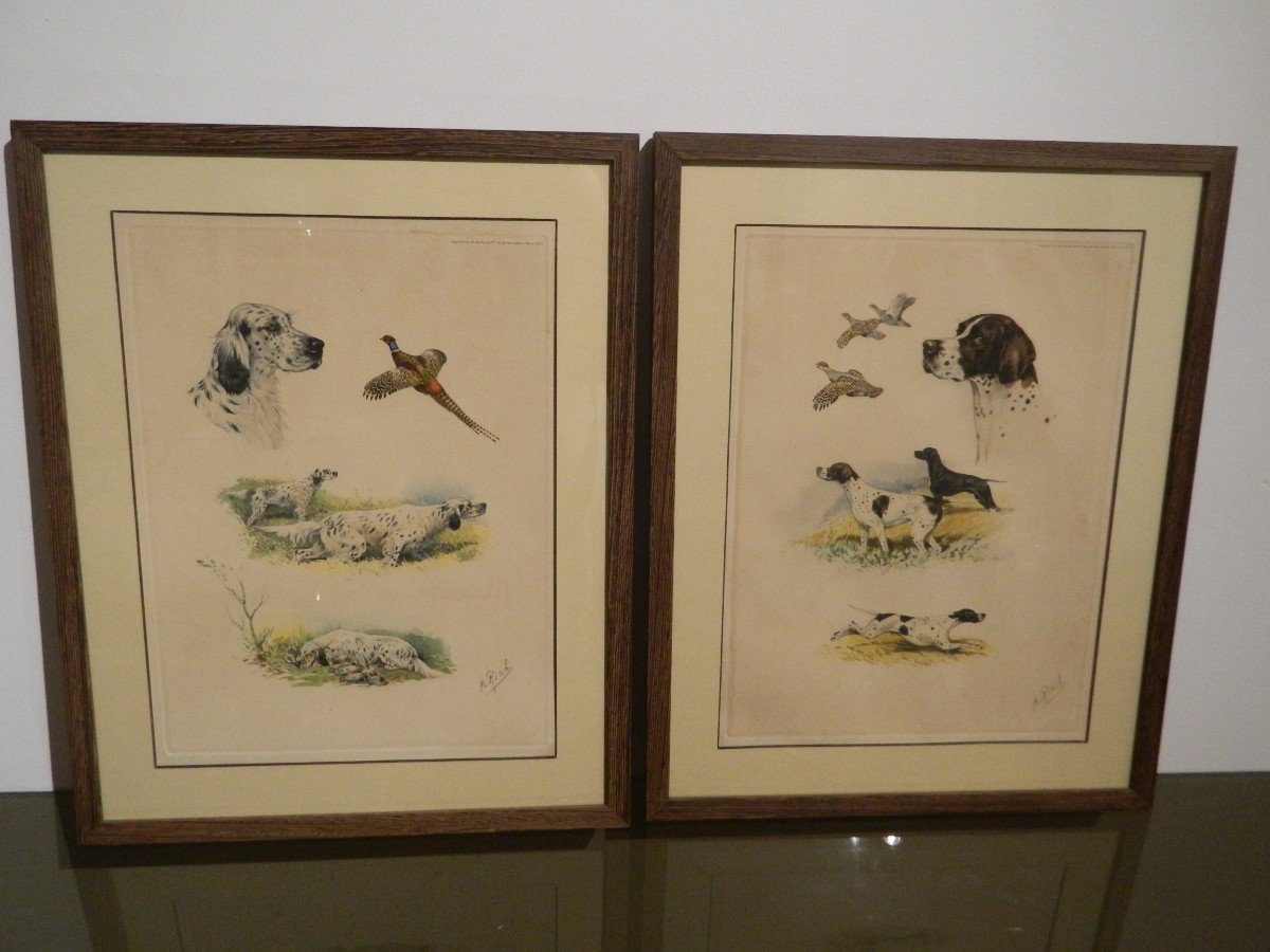 Pair Of Hunting Dogs Lithographs By Boris Riab