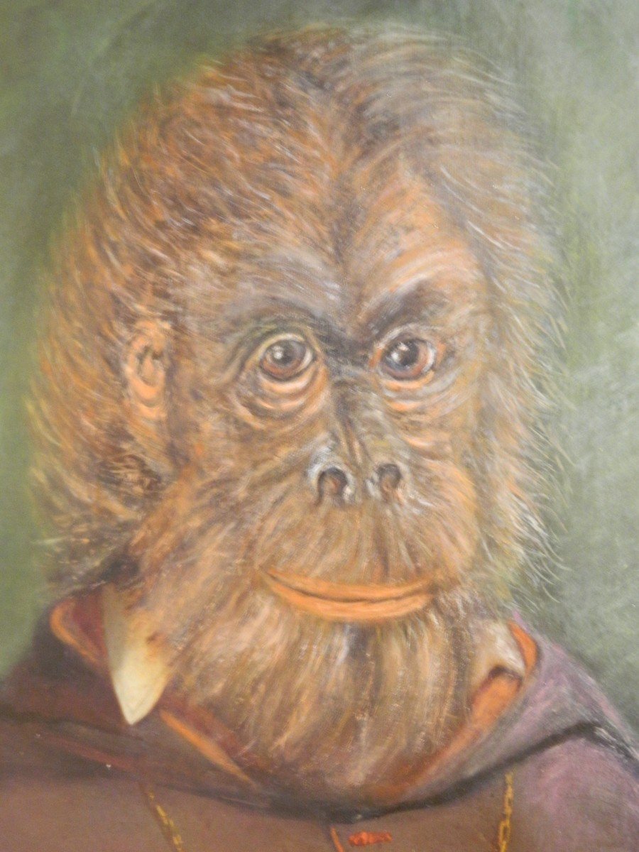 "Le singe ecclésiastique", huile sur toile par P. Migand, 1871-photo-1