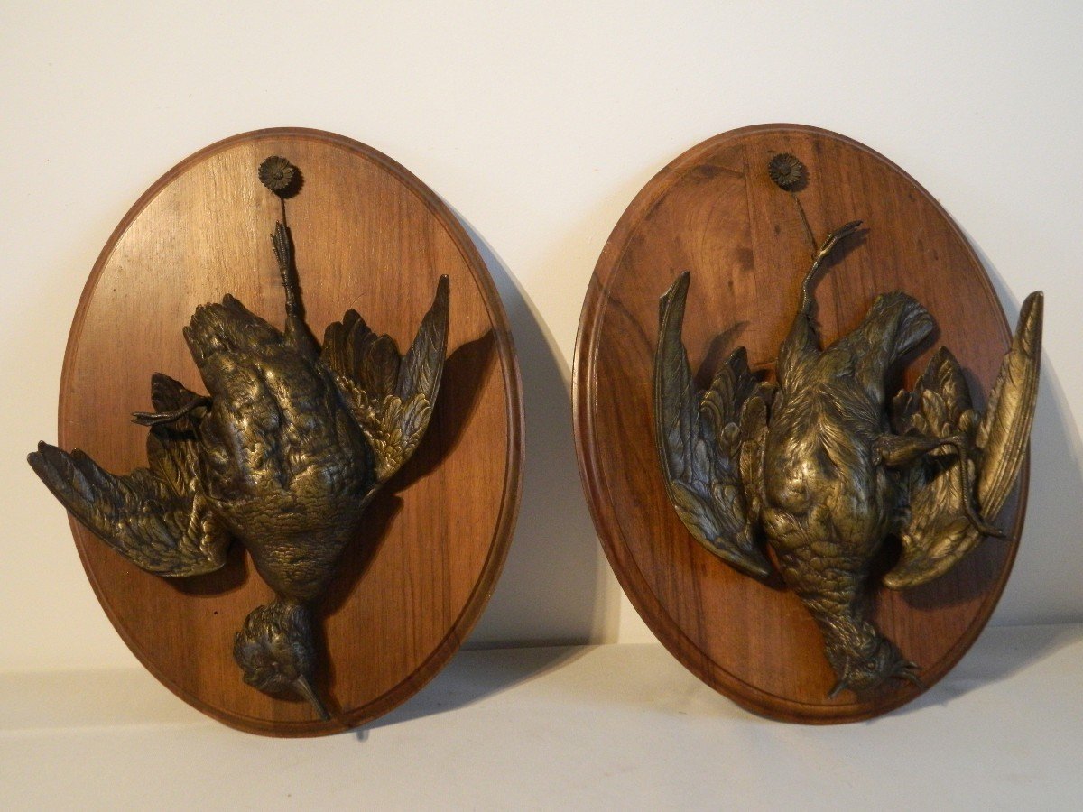 Pair Of Duck And Lapwing Still Lifes With Bronze Patina On Medallions.-photo-4