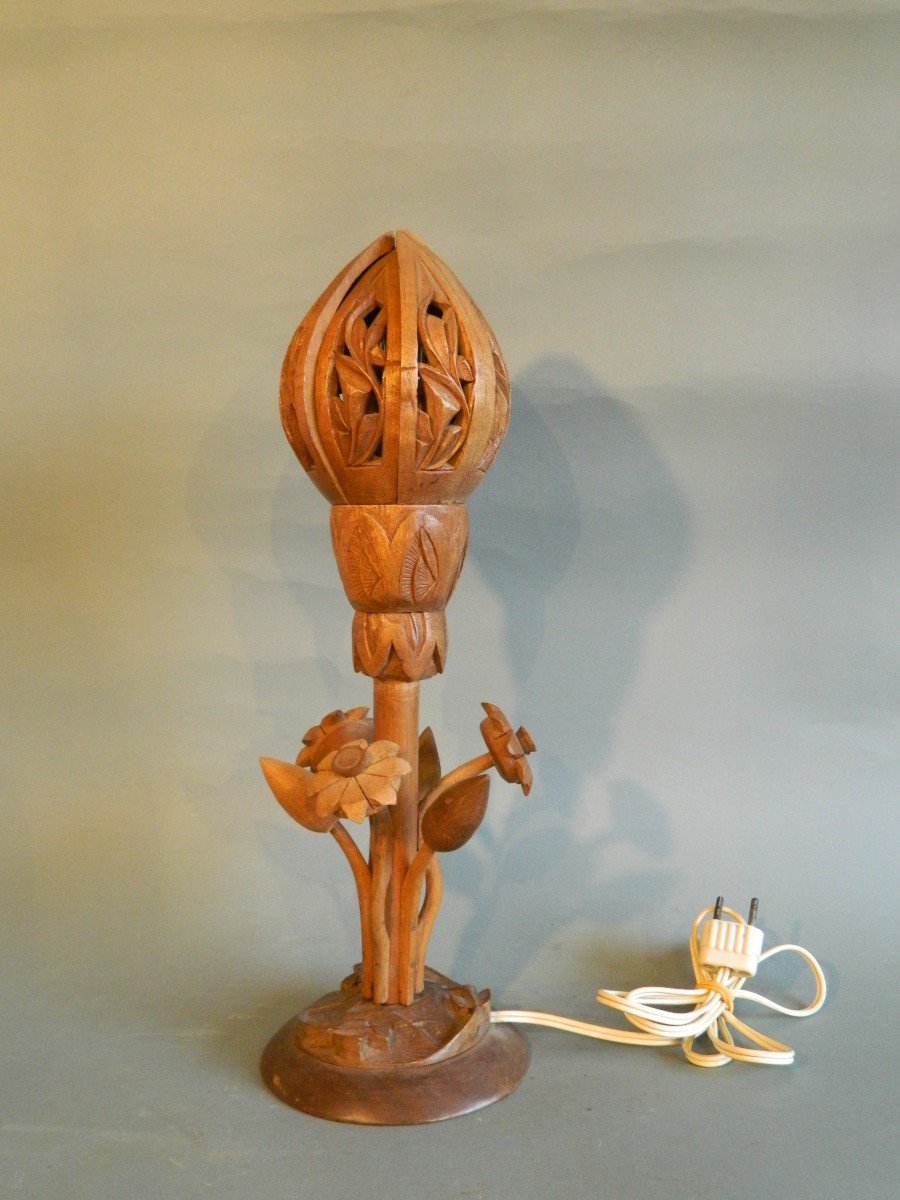 Wooden Lotus Lamp, Circa 1950-photo-2