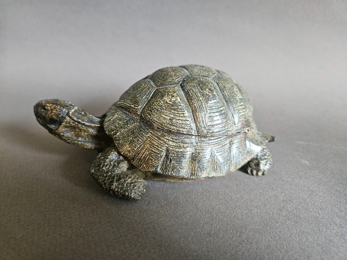 Large Vienna Cold Painted Bronze Turtle Inkwell-photo-2