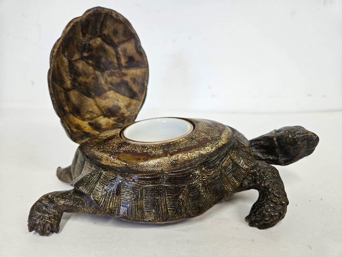 Large Vienna Cold Painted Bronze Turtle Inkwell-photo-3