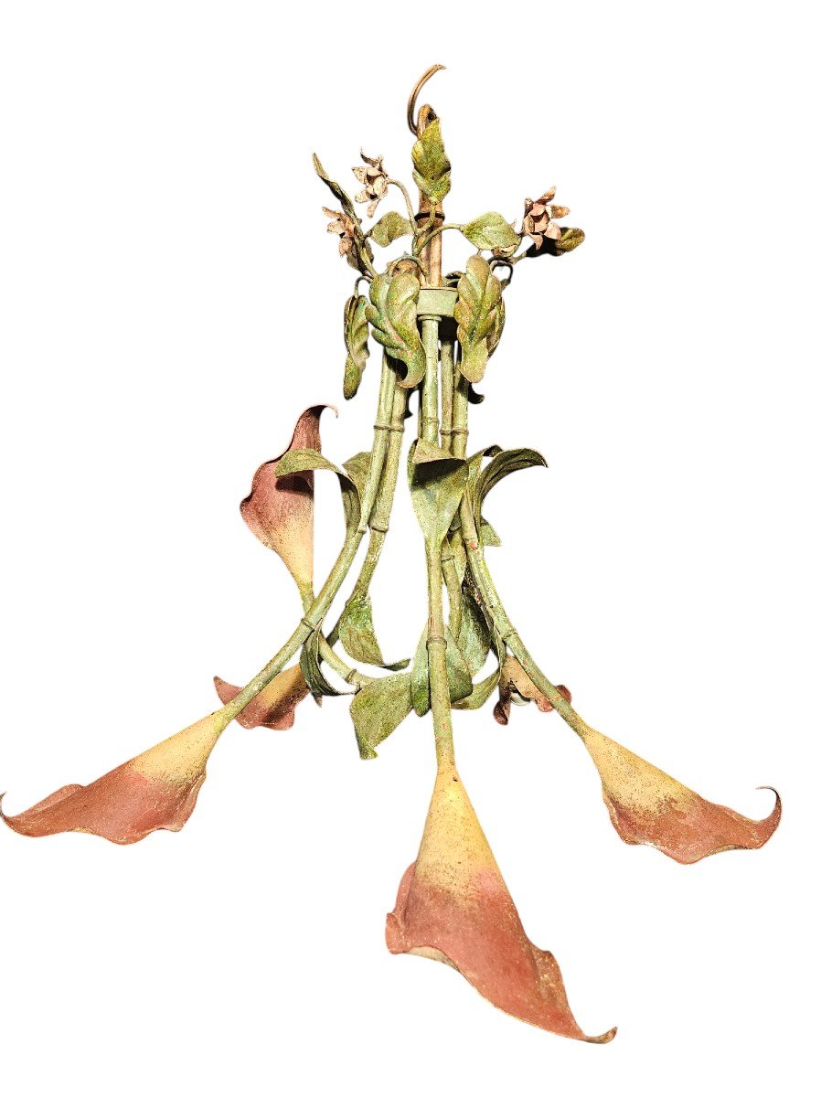 Painted Metal Chandelier Representing A Bouquet Of Pink Arums, Early 20th Century-photo-2