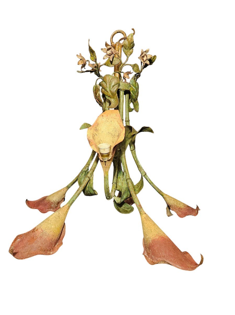 Painted Metal Chandelier Representing A Bouquet Of Pink Arums, Early 20th Century-photo-3