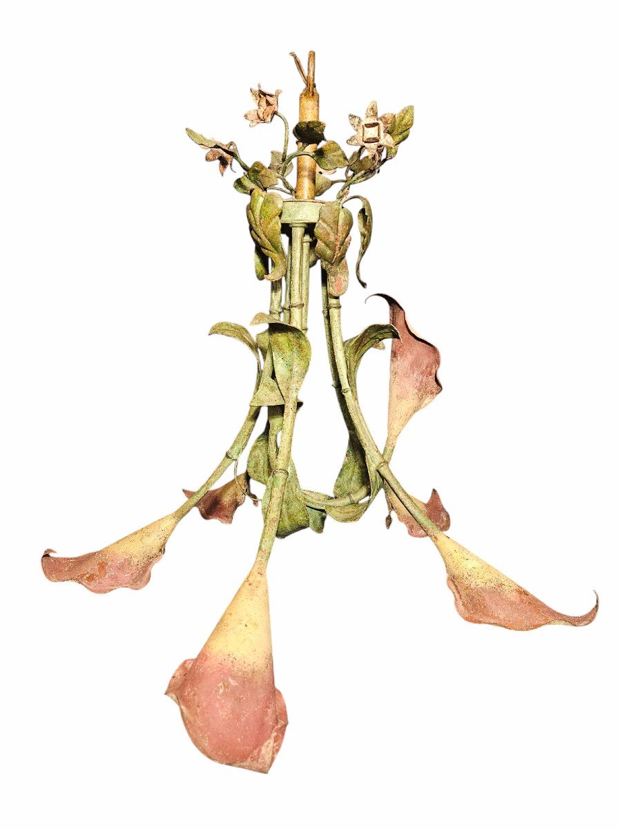 Painted Metal Chandelier Representing A Bouquet Of Pink Arums, Early 20th Century