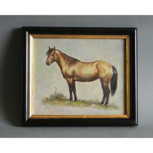 Painting Representing A Horse, Oil On Wood, 19th Century