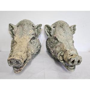 Boar Heads In Reconstituted Stone