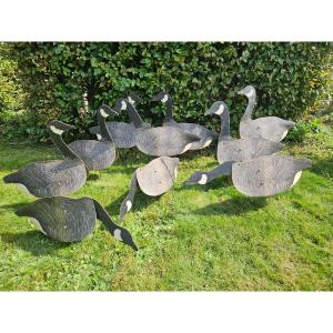 Set Of 10 Waxed Cardboard Geese Decoys, Usa, 1960s