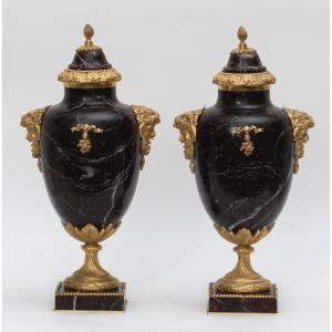 Pair Of Marbled Vases In Marble And Gilded Bronzes