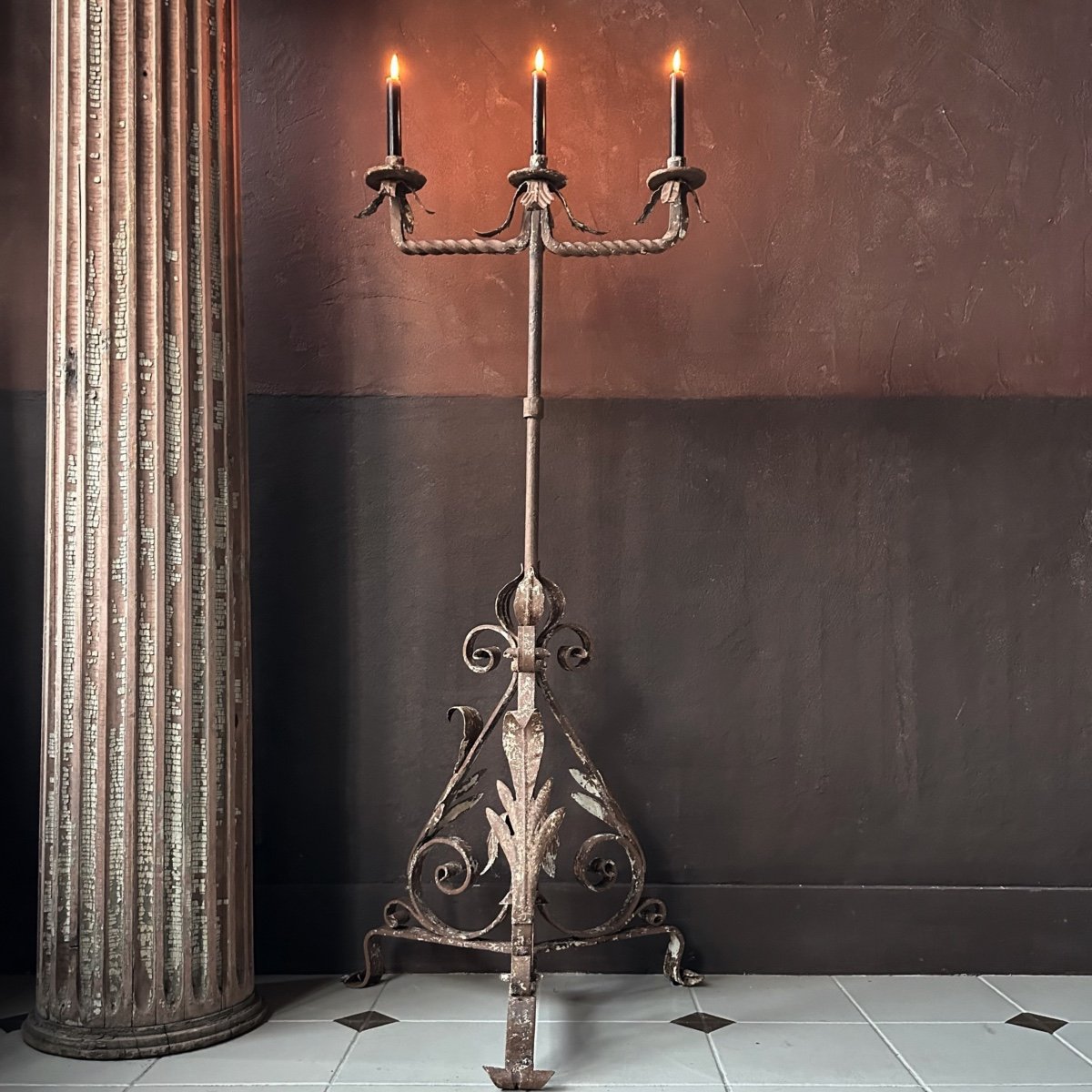 Tall Forged Metal Candelabra Tripod-photo-7