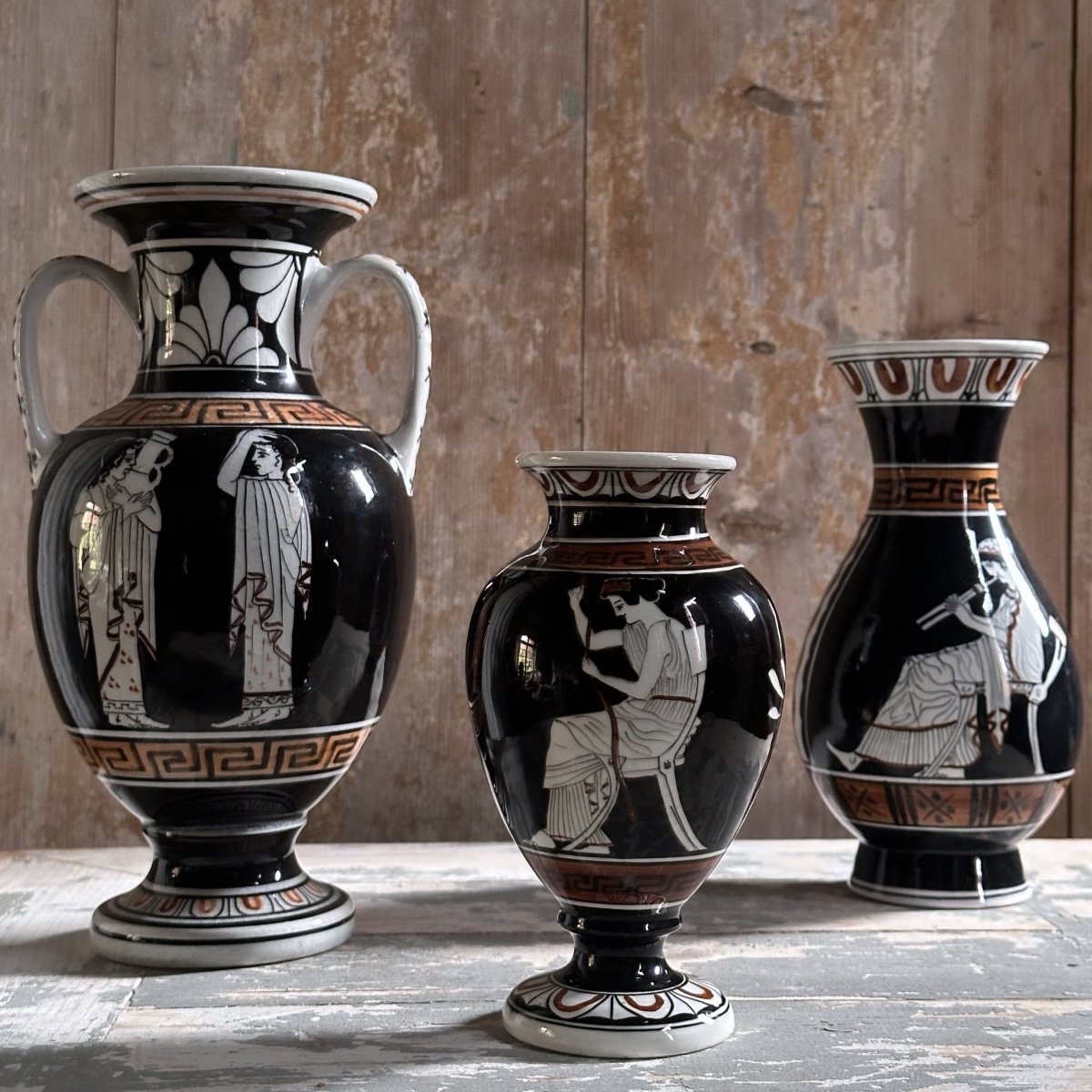 Série de 3 Vases Céramique Émaillée /Figures Grecques/xxe-photo-2