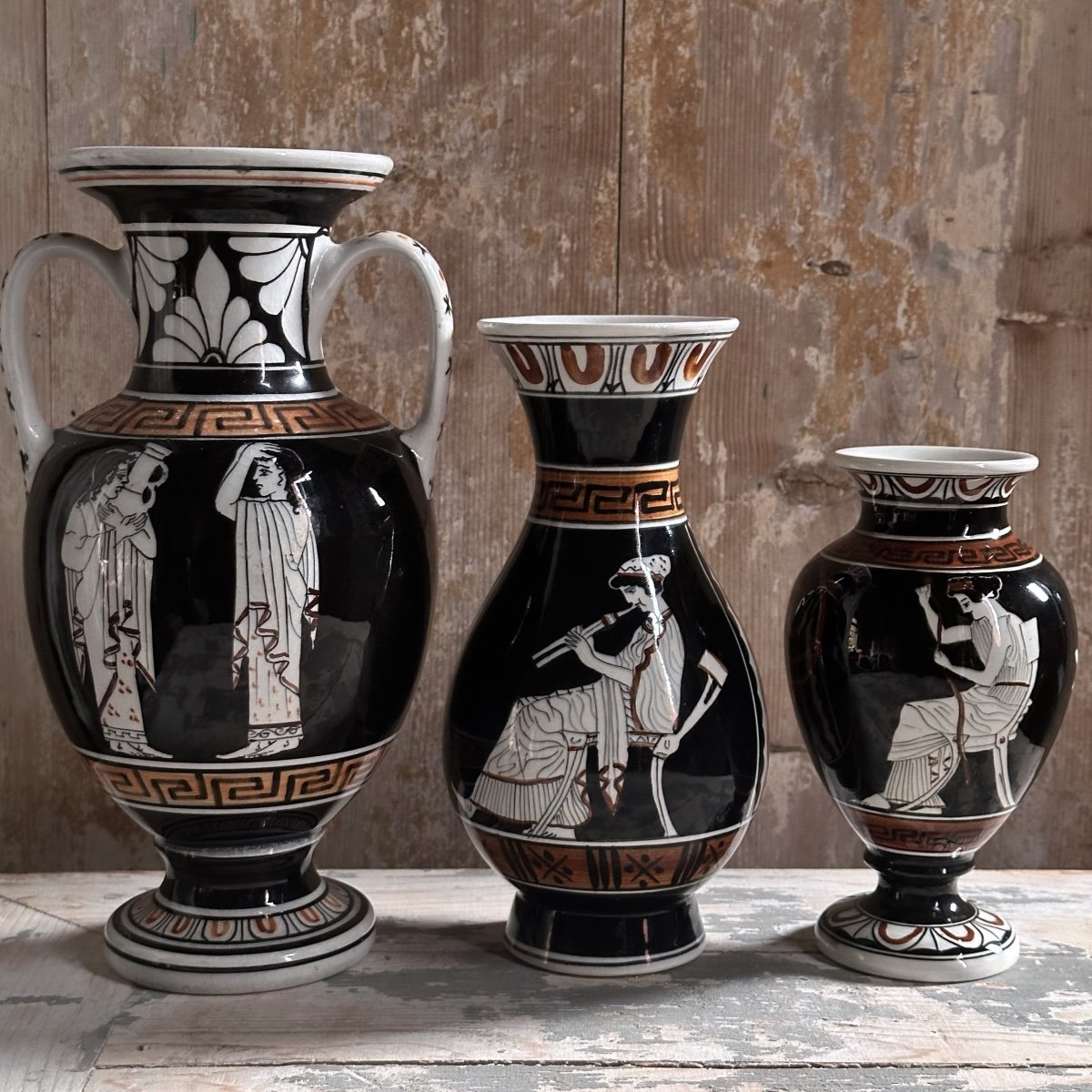 Série de 3 Vases Céramique Émaillée /Figures Grecques/xxe-photo-5