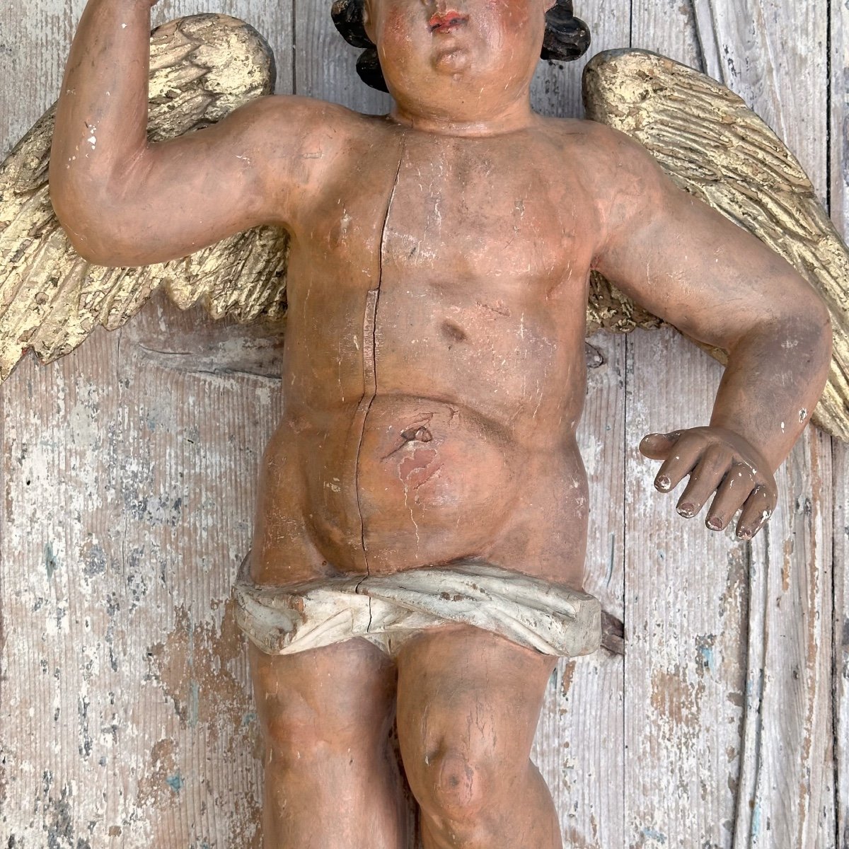 Putto Bois Sculpté Polychromé Baroque XVIIIe Italie-photo-3