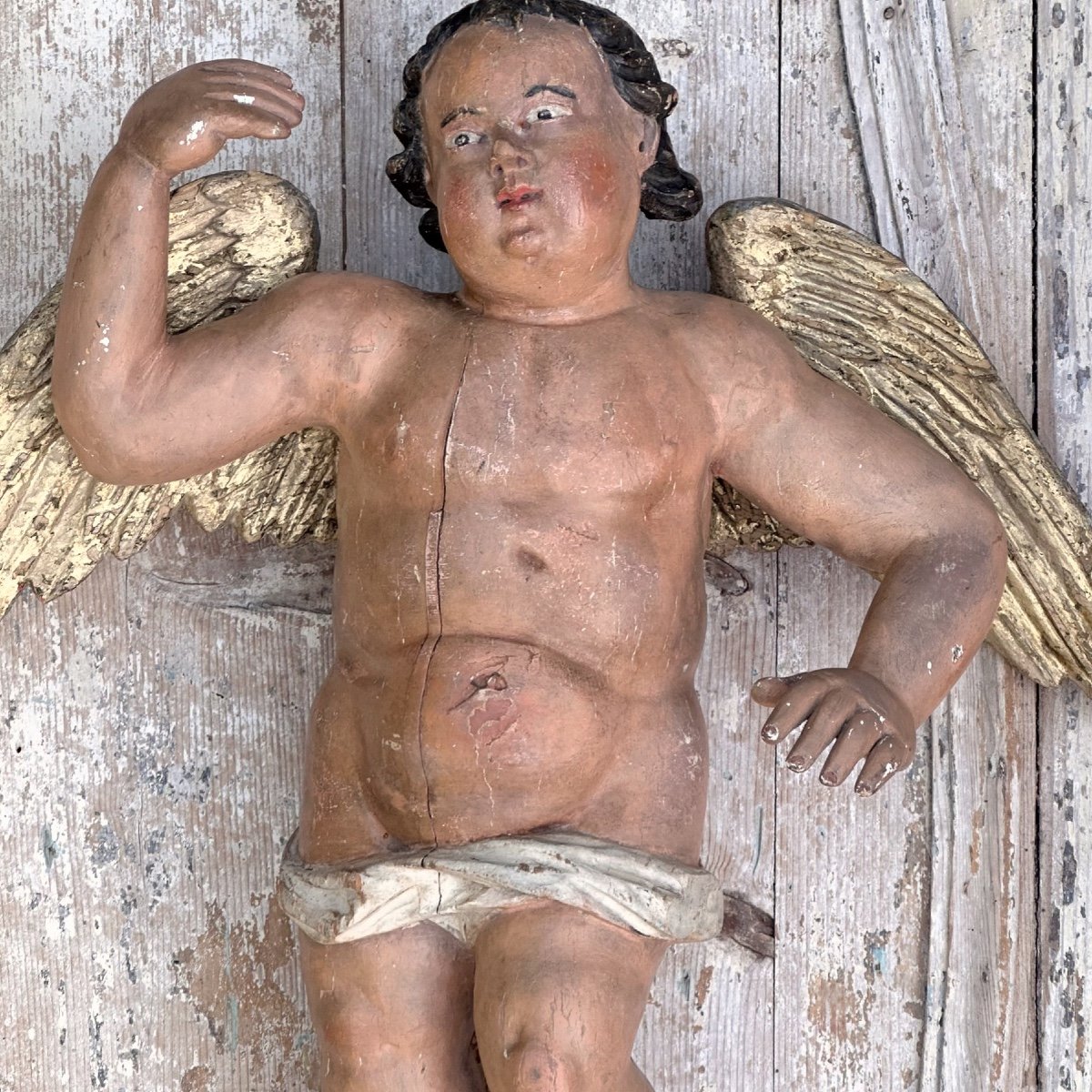 Putto Bois Sculpté Polychromé Baroque XVIIIe Italie-photo-1