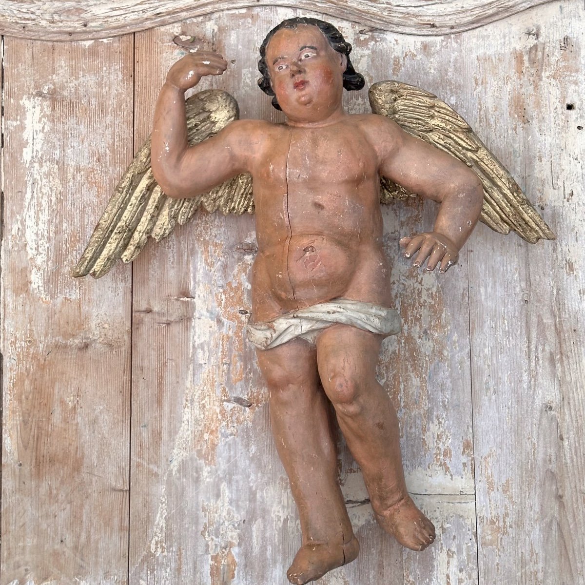 Putto Bois Sculpté Polychromé Baroque XVIIIe Italie-photo-2