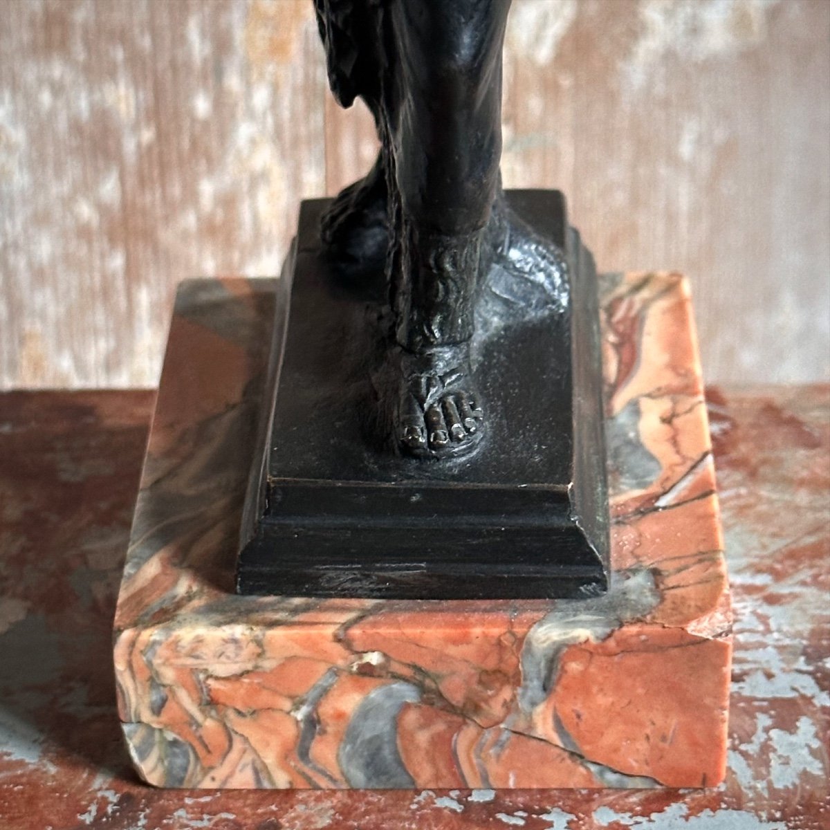 Bronze Statuette “diane Chasseresse” On 19th Century Marble Base-photo-5