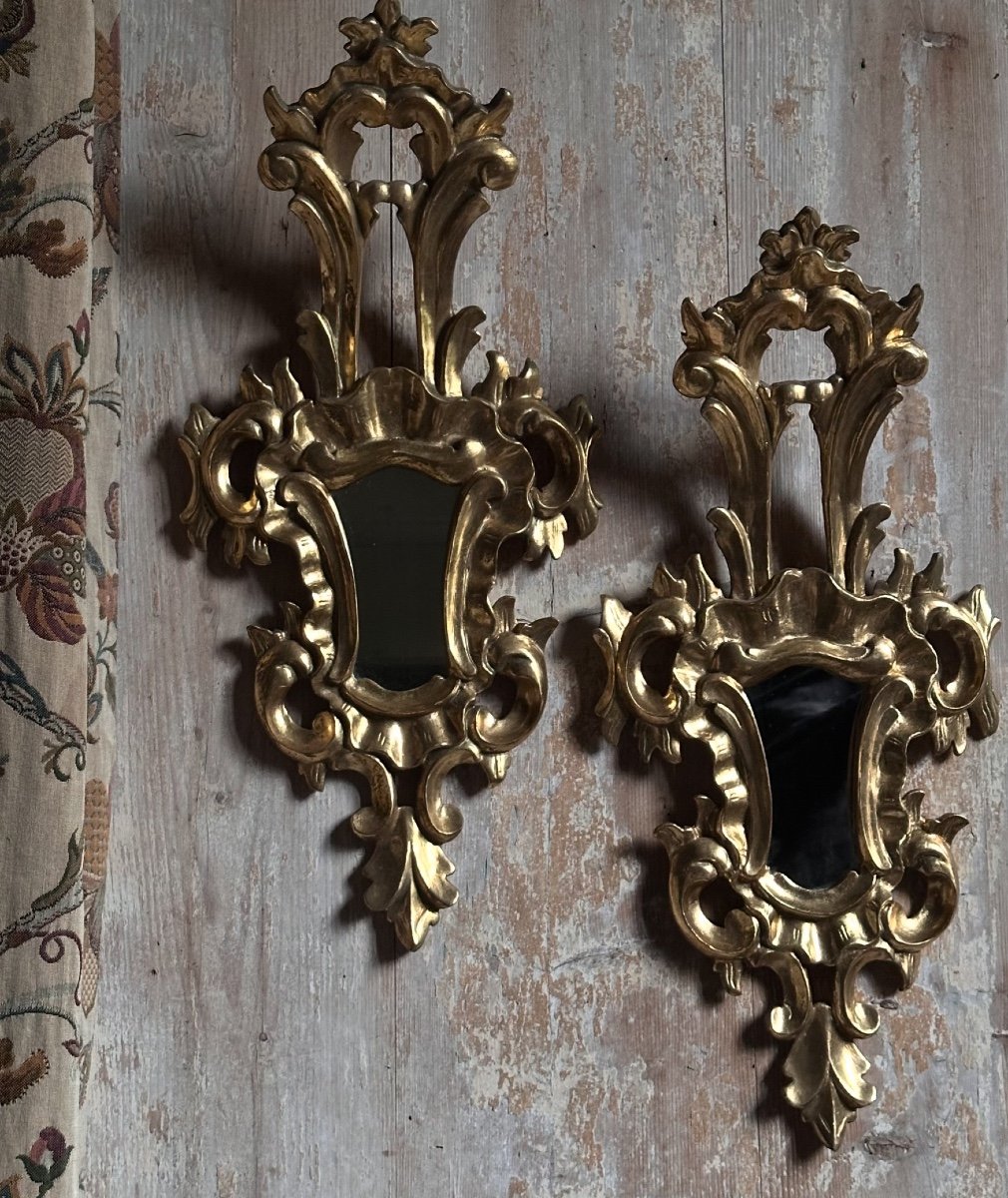 Pair Of Baroque Mirrors In Carved Gilded Wood, Italy, 20th Century