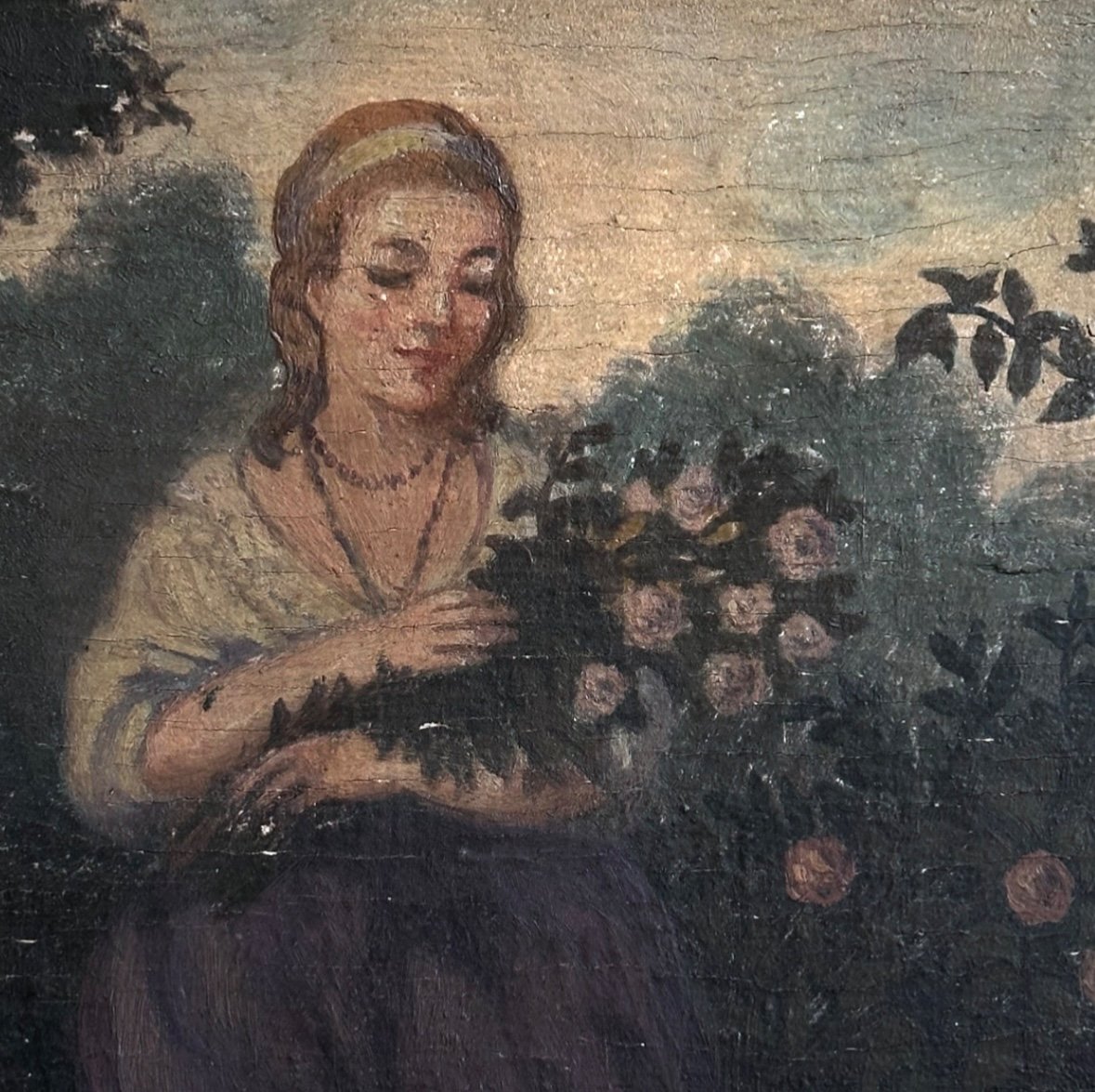 « Élégante au Bouquet de Roses » Huile sur Panneau Bois XIXe-photo-2