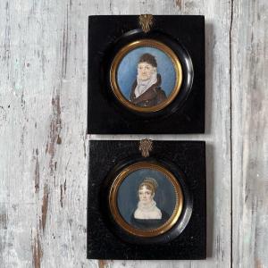 1 Pair Of Portrait Miniatures / French School Nineteenth