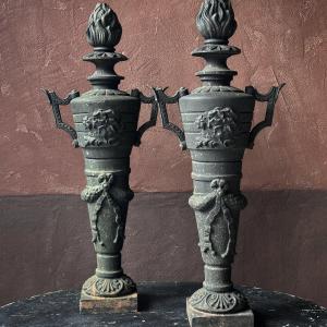 Pair Of 19th Century Flambeaux Art Cast Iron Ornaments